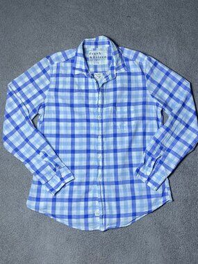 Frank & Eileen Barry Shirt Blue Gingham Plaid Italian Cotton Button Up Large
